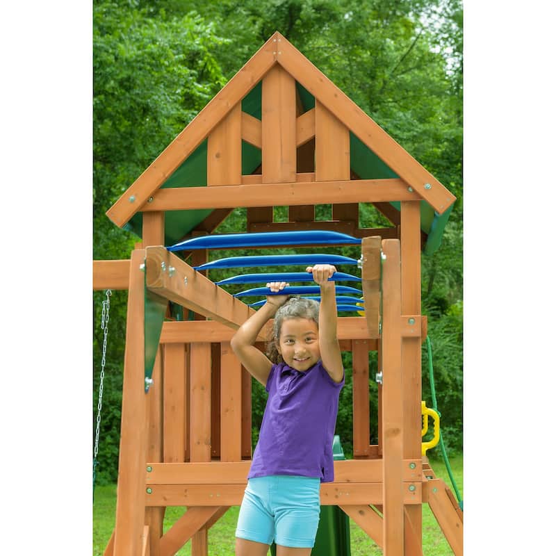 Mountain View Swing Set with Tarp Roof, Climbing Wall, Monkey Bars