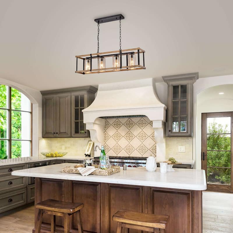 Corina Faux Wood Grain and Antique Black Glass Linear Chandelier