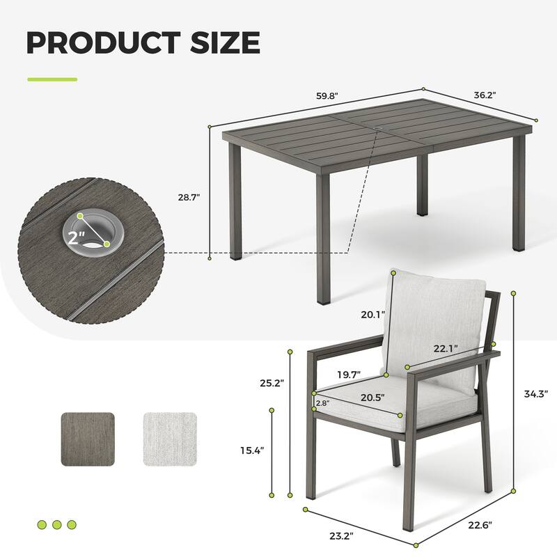 Quietude 7-Piece Gray Aluminum Patio Dining Set with Rectangular Table and Light Gray Cushions