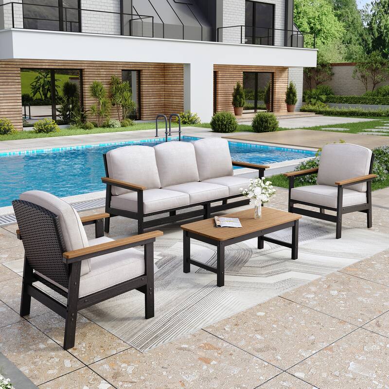 MAISON ARTS 5-Seat HDPE Outdoor Furniture Set, 4-Piece Rattan Patio Conversation Set - Beige
