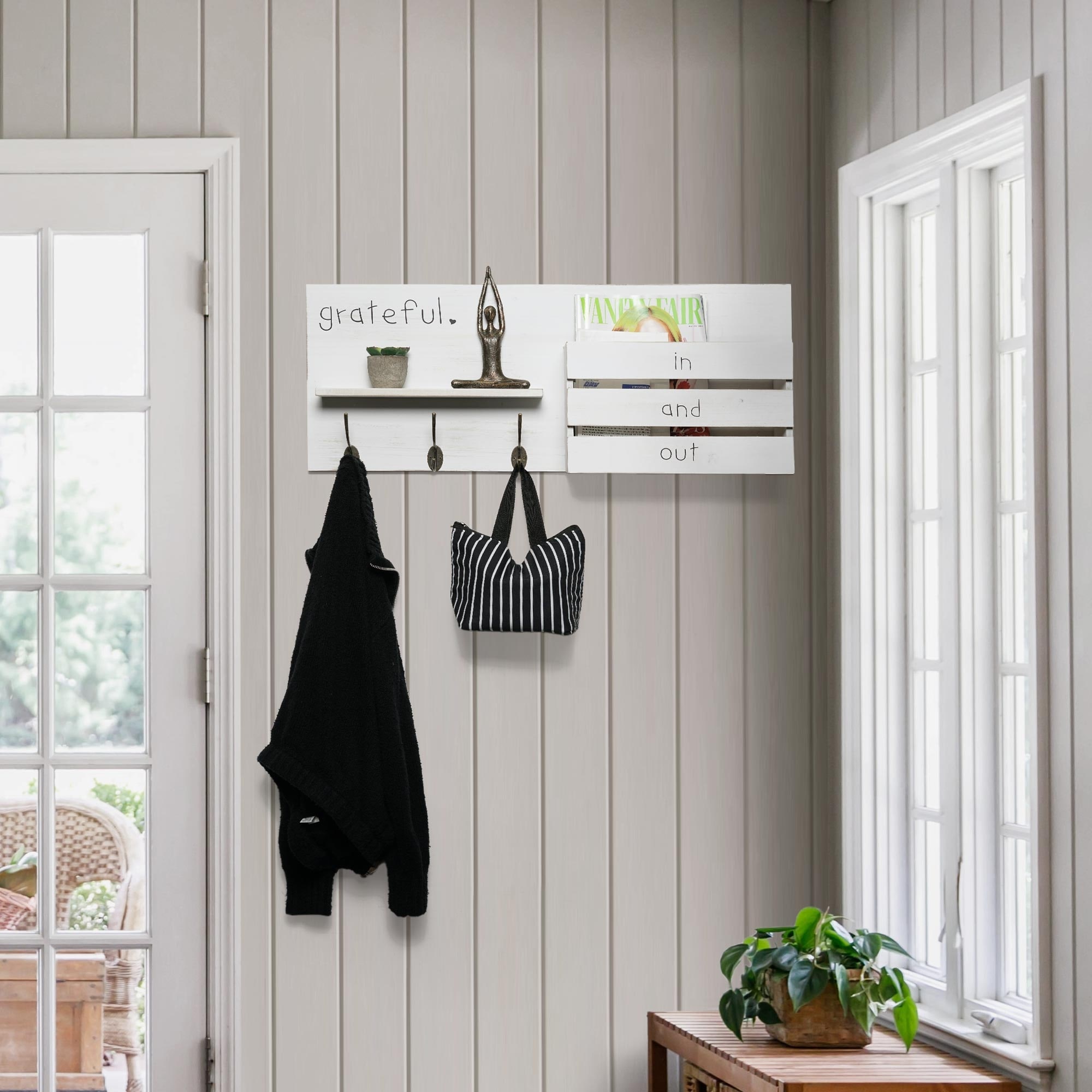 Addie Joy Wood Grateful Decorative Mail Organizer - Distressed White - 11.9" H x 29.5" L x 4.75" D