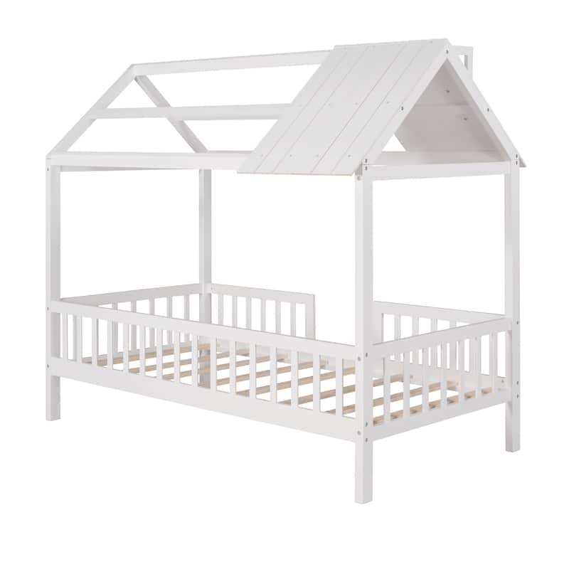 Twin Size White House Bed with Roof, Fence, and Sturdy Wood Frame