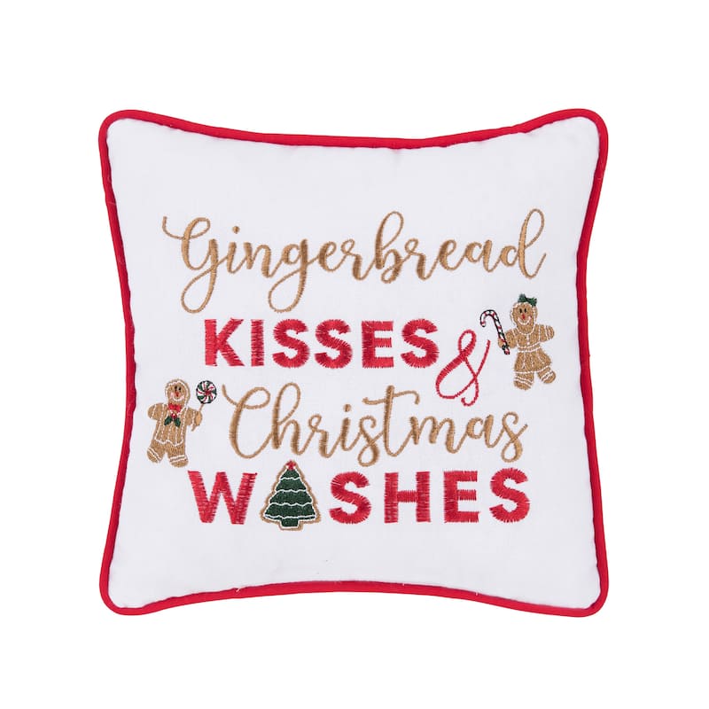 10" x 10" "Gingerbread Kisses and Christmas Wishes" Sentiment with Gingerbread Men Cotton Petite Accent Throw Pillow.