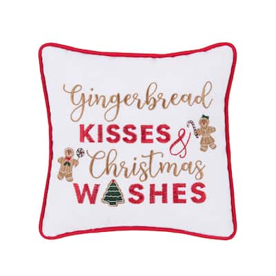 10" x 10" "Gingerbread Kisses and Christmas Wishes" Sentiment with Gingerbread Men Cotton Petite Accent Throw Pillow.
