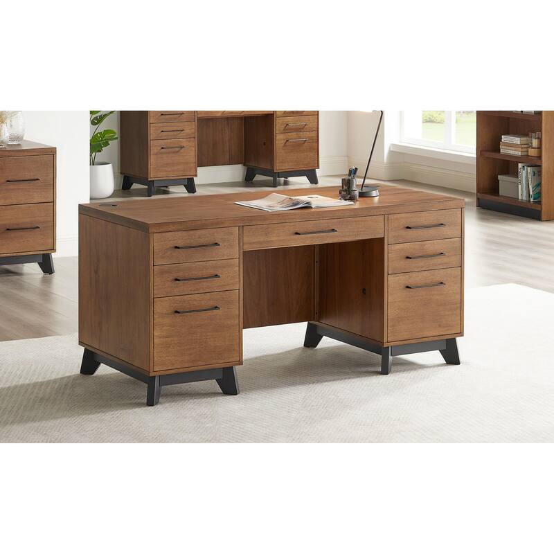 Modern Wood Double Pedestal Executive Desk, Writing Table, Office Desk, Fully Assembled, Rich Medium Brown