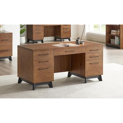 Modern Wood Double Pedestal Executive Desk, Writing Table, Office Desk, Fully Assembled, Rich Medium Brown