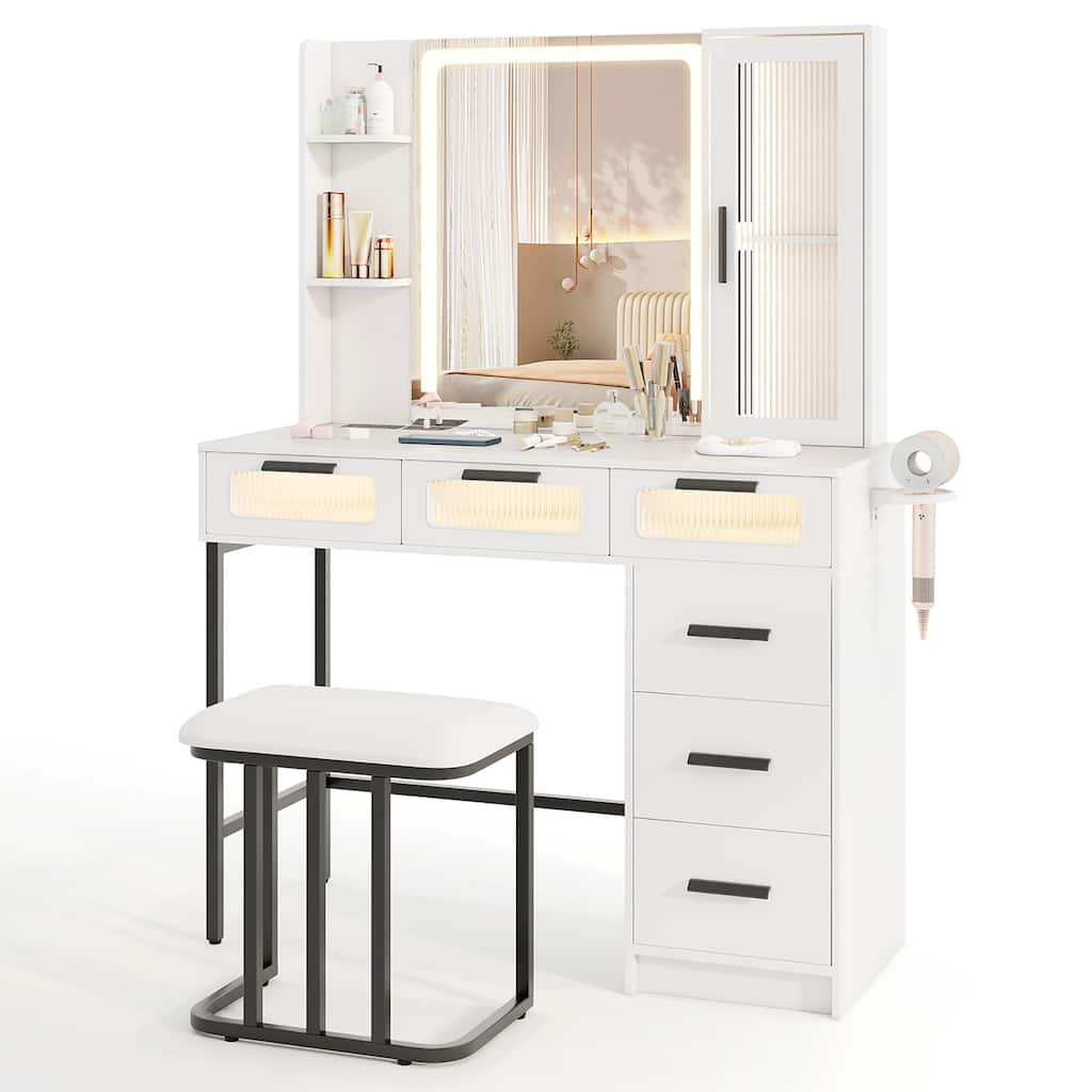 Gymax Vanity Desk w/ Mirror Induction Lighting 3-Color Lighting Modes