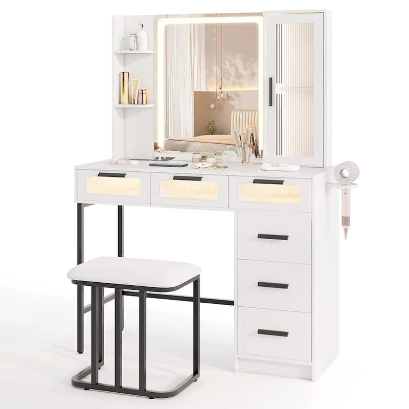 Gymax Vanity Desk w/ Mirror Induction Lighting 3-Color Lighting Modes - White