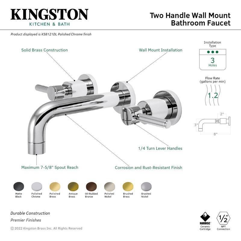 Kingston Brass Concord Two-Handle 3-Hole Wall Mount Bathroom Faucet in Brushed Brass