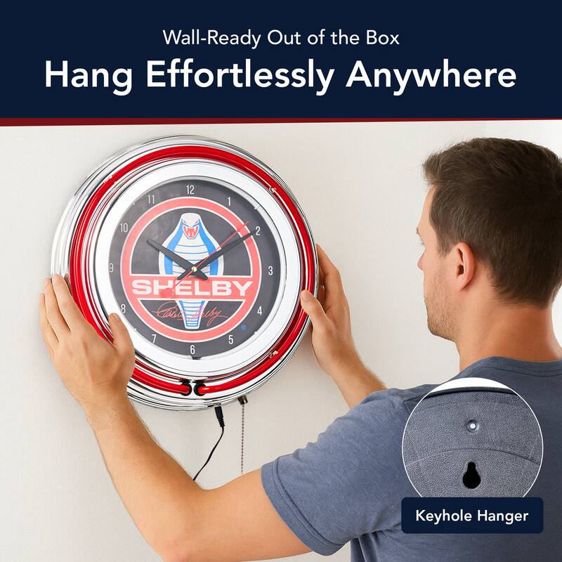 Shelby Retro Round Neon Wall Analog Clock with Pull Chain - 14.5" - 14.5" H x 14.5" L x 3.25" D - 14.5" H x 14.5" L x 3.25" D - Red