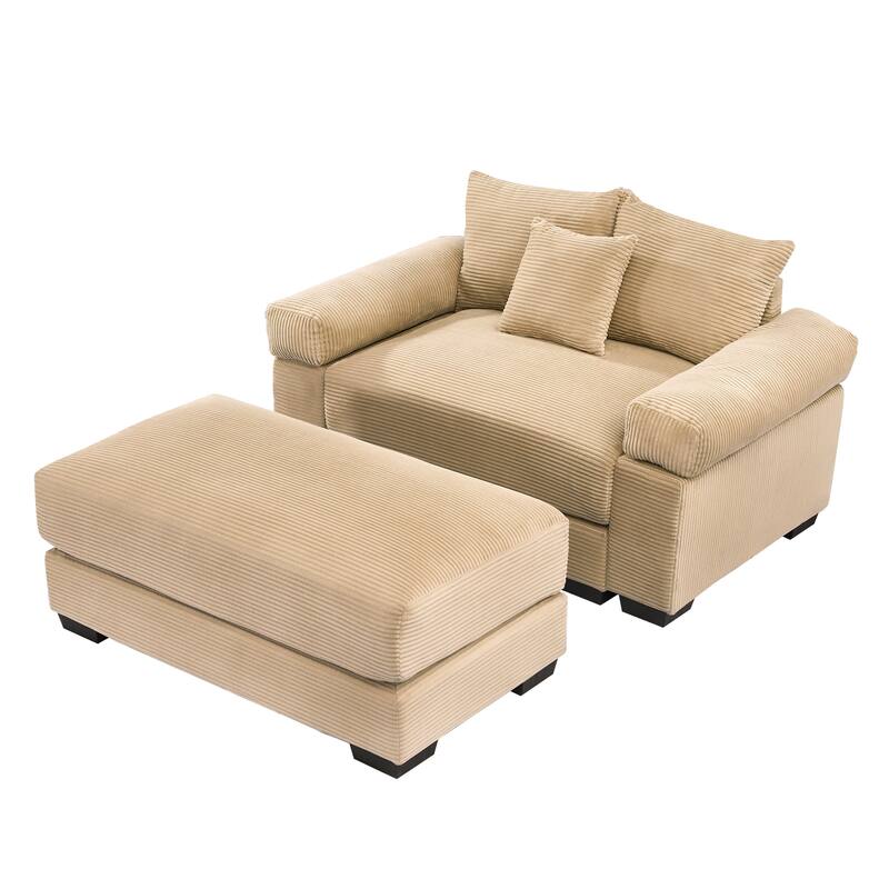 Oversized Accent Armchair with Ottoman, Modern Upholstered Single Sofa Chair, Corduroy Reading Chairs for Bedroom, Living Room