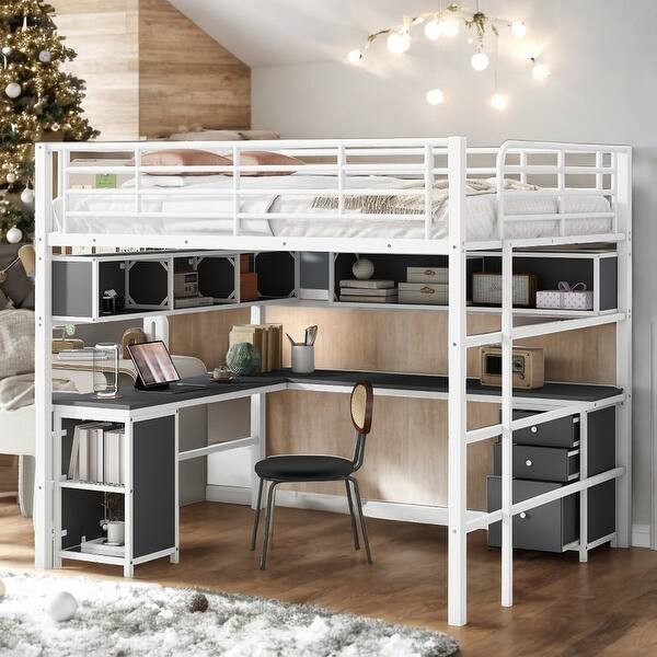 slide 2 of 32, Elegant Metal Full Loft Bed with Bookcase, Desk and Cabinet, White White