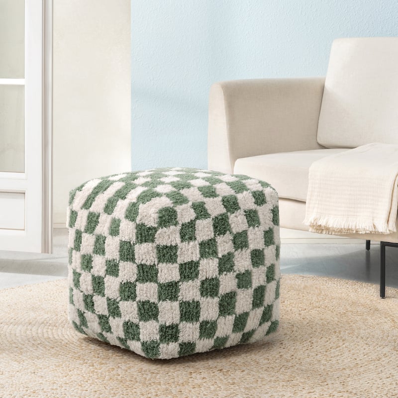Jani 20-inch Ottoman Pouf - Handcrafted Handmade Ottoman for Seating, Footrest, Home Decor for Living Room, Bedroom - Sage/Ivory