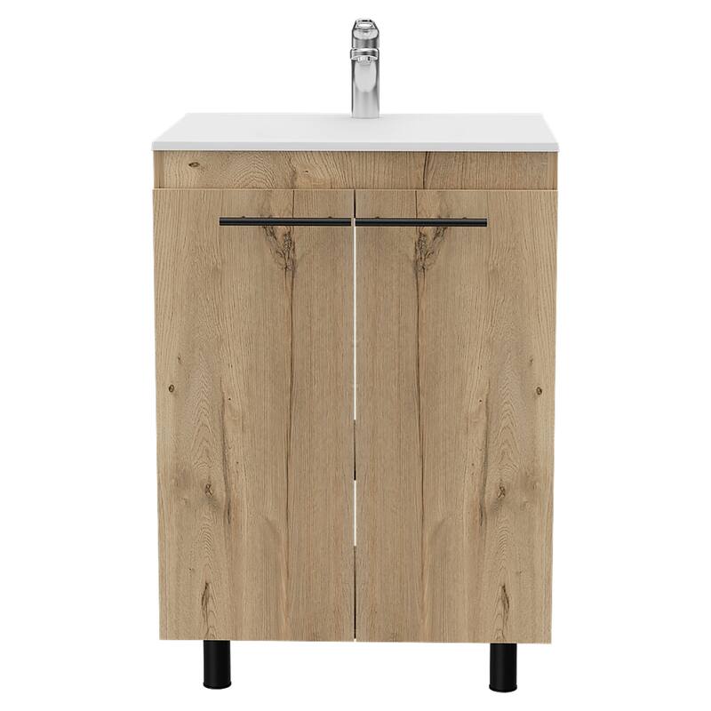 Light Oak 2-Door Rectangle Freestanding Vanity Cabinet with Drop-In Sink and 2 Shelves, Compact Bathroom Storage