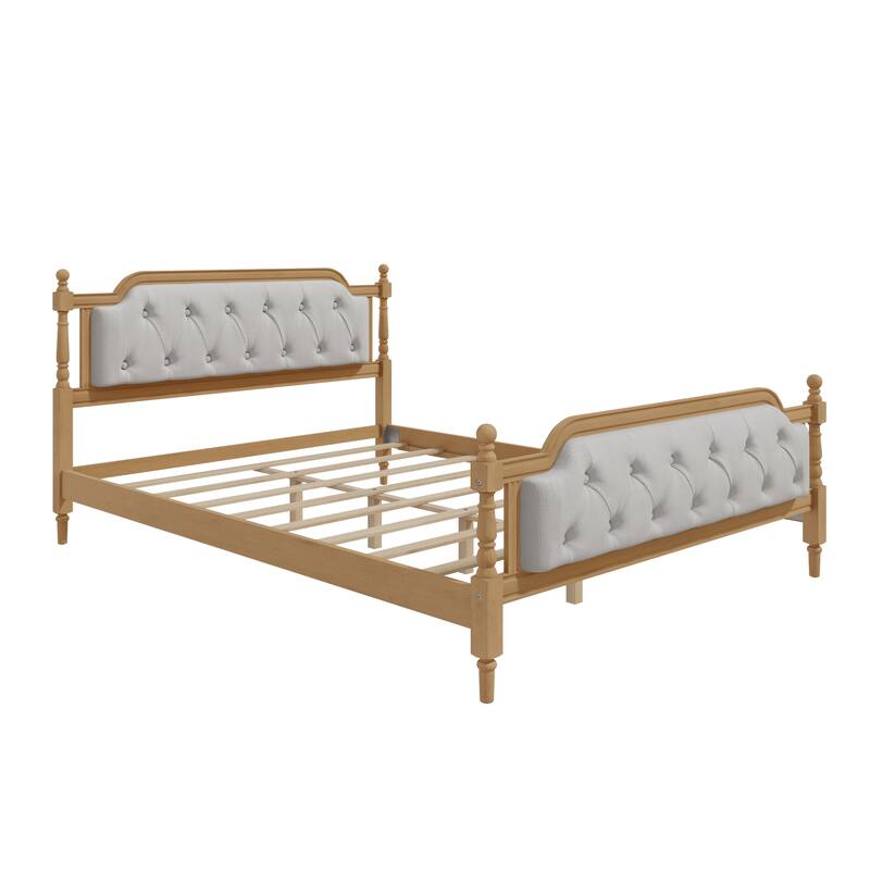 Queen Size Solid Wood Bed Frame with Tufted Upholstered Headboard, No Box Spring Needed, Antique Walnut Finish