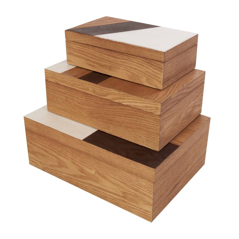 Brown Wooden Geometric Decorative Box with Cream and Dark Brown Stripes (Set of 3)