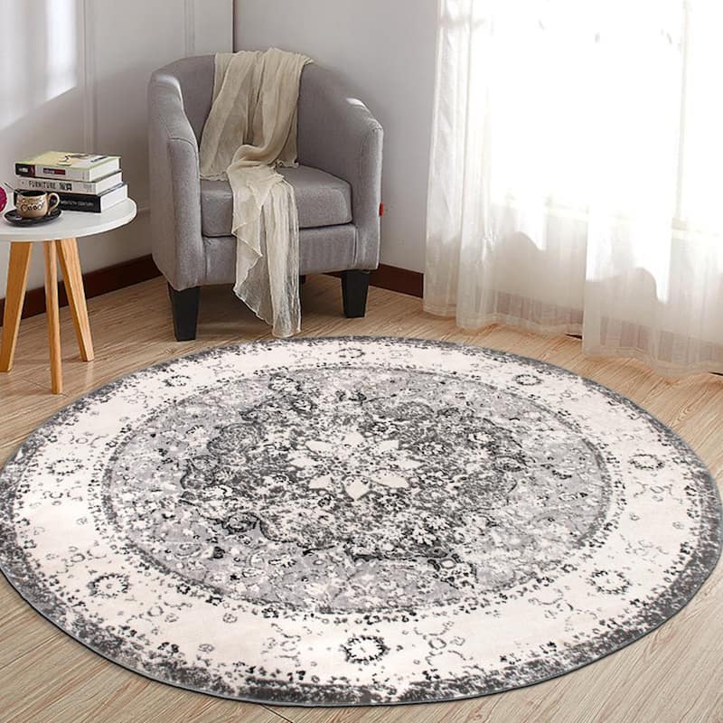 World Rug Gallery Vintage Oriental Distressed Medallion Rug - 6'6" Round - Gray - Round