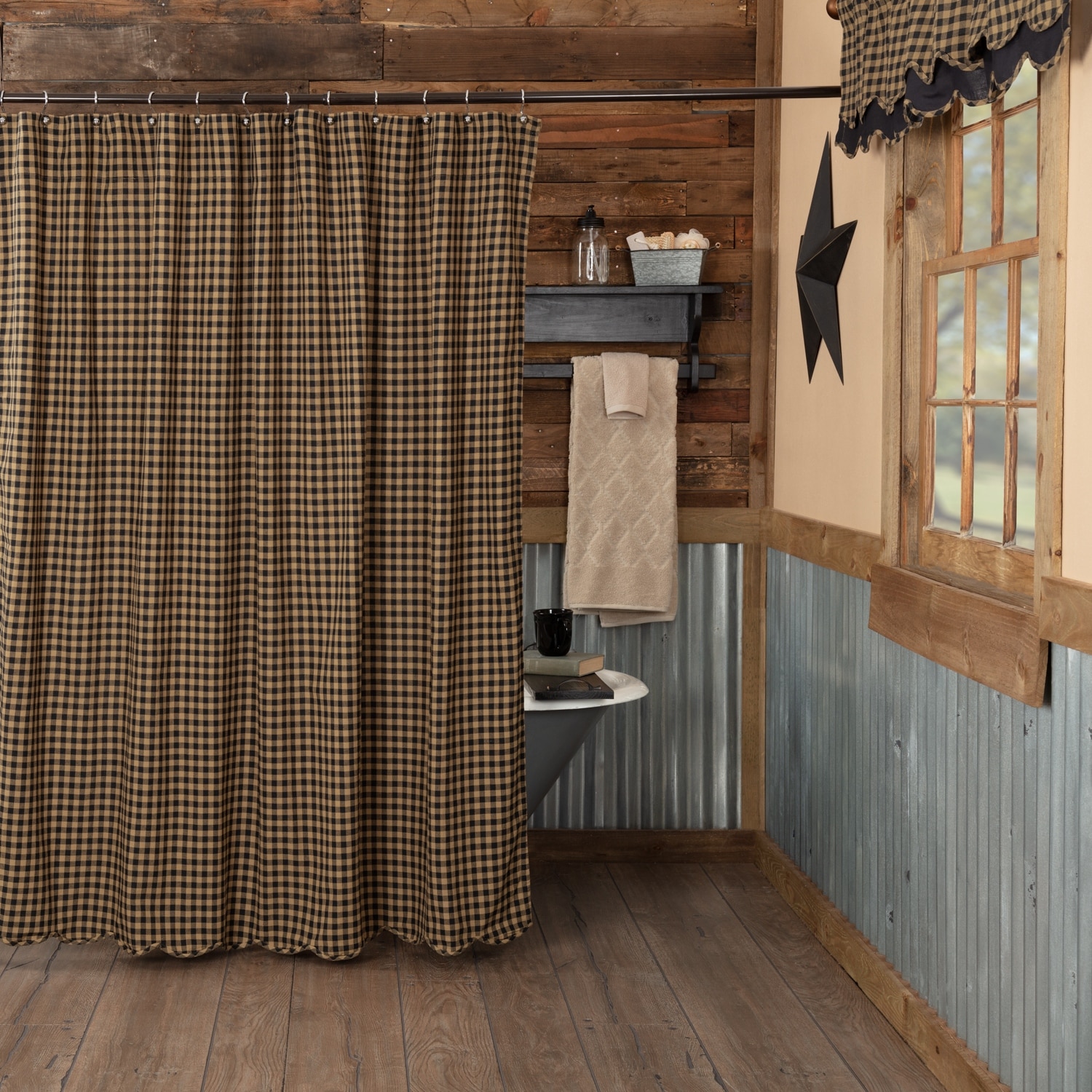 VHC Brands Braxton Collection Rustic Shower Curtains Farmhouse Primitive Plaid Bathroom Hanging Loops Button Holes Washable Lined Rod Pocket