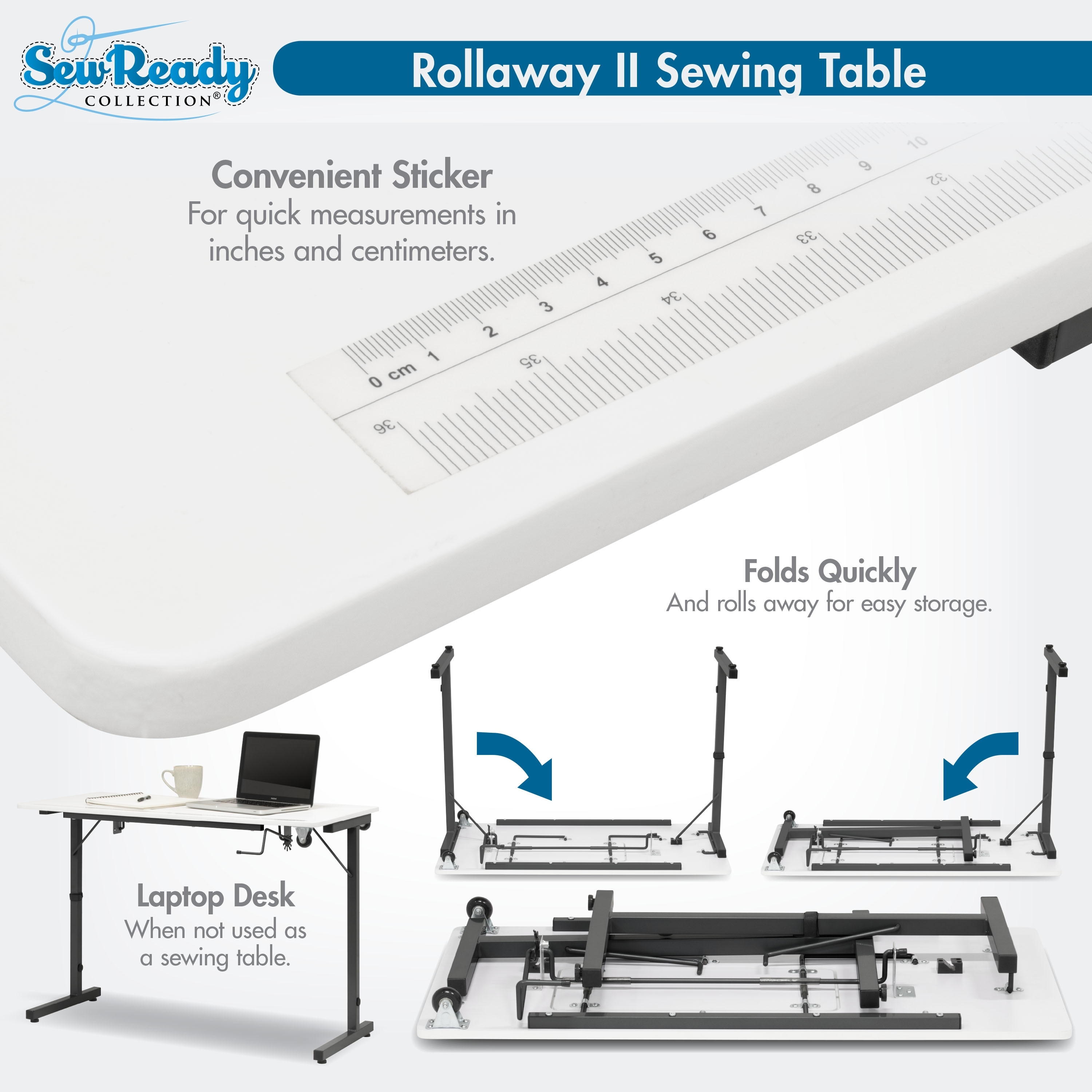 Sew Ready Rollaway II Sewing Table Silver/White Portable Folding