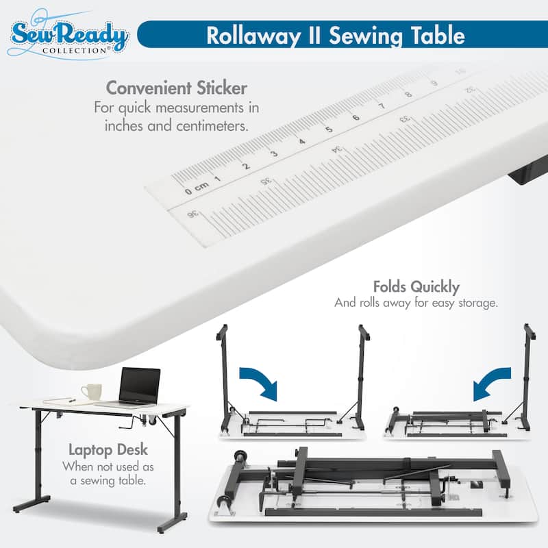 Sew Ready Rollaway II Sewing Table Silver/White Portable Folding Rolling.