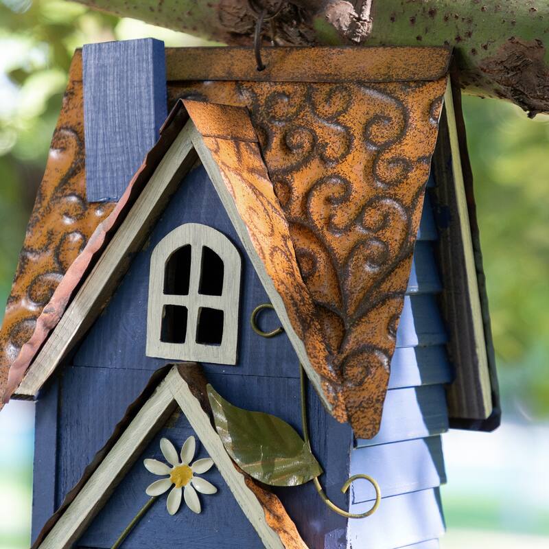 Glitzhome 24.25"H Oversized Washed Blue or White 3-Tiered Solid Wood Villa Decorative Outdoor Garden Birdhouse