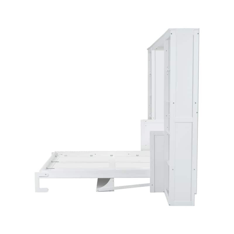 Queen Size Solid Wood Murphy Bed with Convertible Desk, Bookshelves and 600lb Capacity