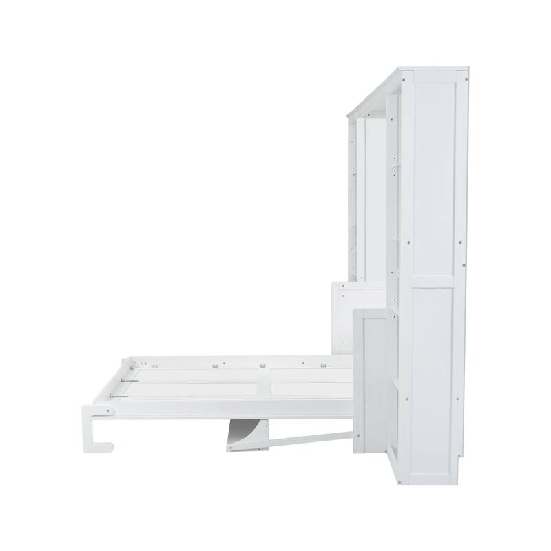 Queen Size Wall Bed with Built-in Desk, Side Storage Shelves & Foldable Space-Saving Design, No Box Spring Required