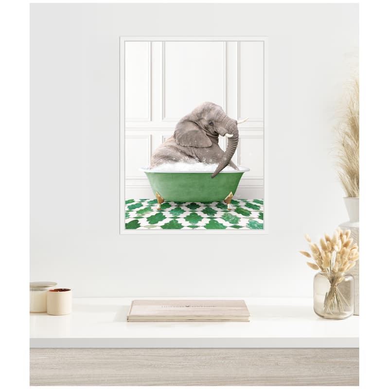 Kate and Laurel Sylvie Young Elephant in Eclectic Green Panel Wall Bathtub Framed Canvas by Amy Peterson