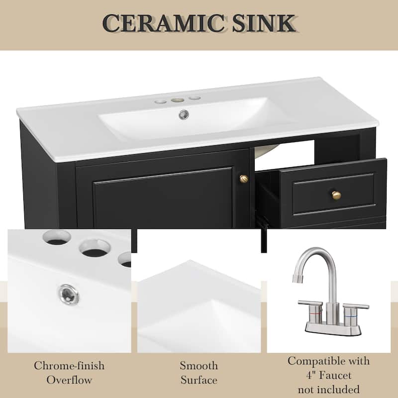 36" Bathroom Vanity with Sink, Freestanding Cabinet with Drawers and Shelves, Ceramic Top, Painted Wood Base