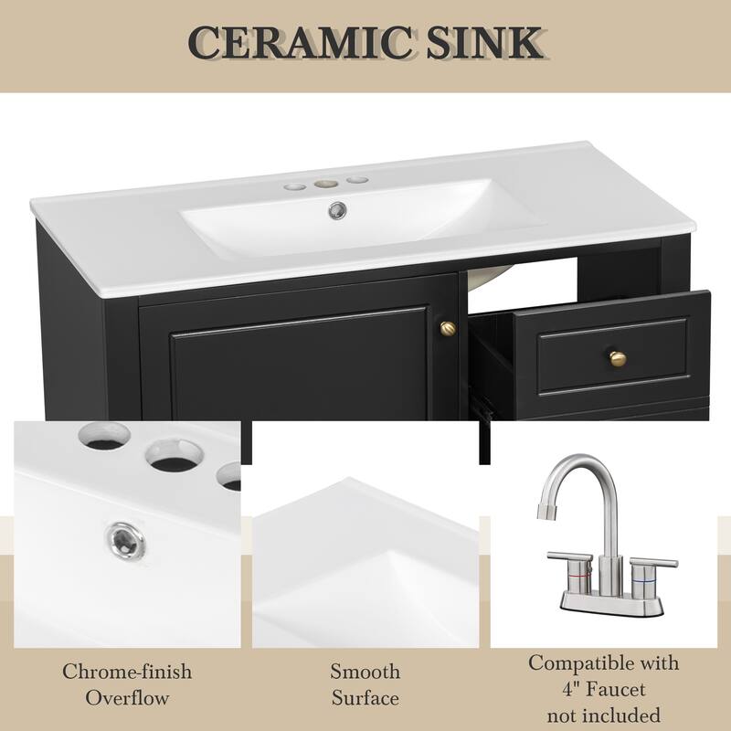 Roomfitters 36" Bathroom Vanity with Ceramic Sink, Solid Wood Frame, 3 Drawers & Soft-Close Door with Racks