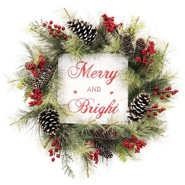 slide 2 of 8, Fraser Hill Farm 26-Inch Frosted Wreath with Pinecones, Red Berries, and Merry Christmas Sign - Multi