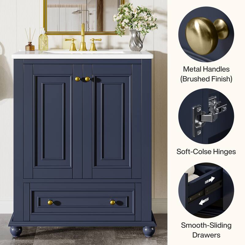 Modern Freestanding Solid Wood Bathroom Vanity with Ceramic Sink, Adjustable Shelf Storage