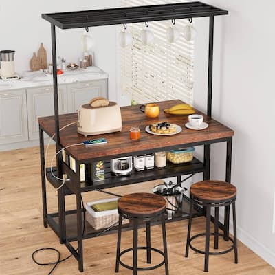 47" Kitchen Island Bakers Rack with 3 Tier Shelf and Hooks - N/A