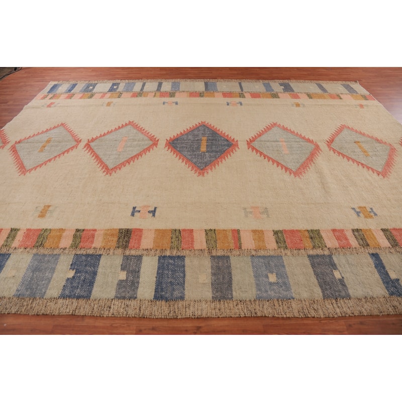 Hand Woven Oriental 100% Jute Carpet Southwestern Modern Beige & Ivories Kilim Area Rug - 13' 3'' X 10' 3''