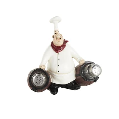 Polystone Chef Figurine Salt and Pepper Shaker Holder with Wood Barrel Accents - White - Roche River Decor