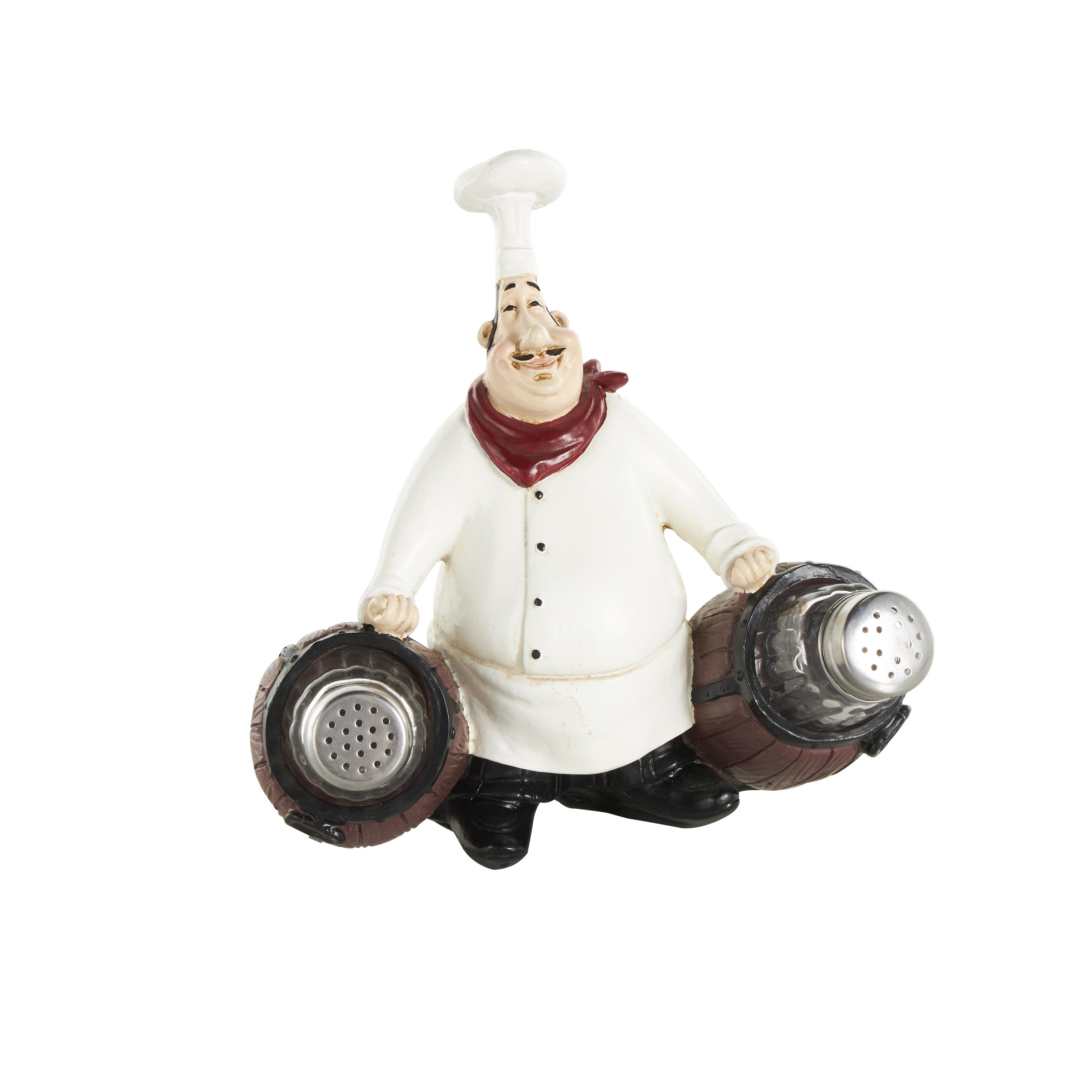Polystone Chef Figurine Salt and Pepper Shaker Holder with Wood Barrel Accents - White - Roche River Decor