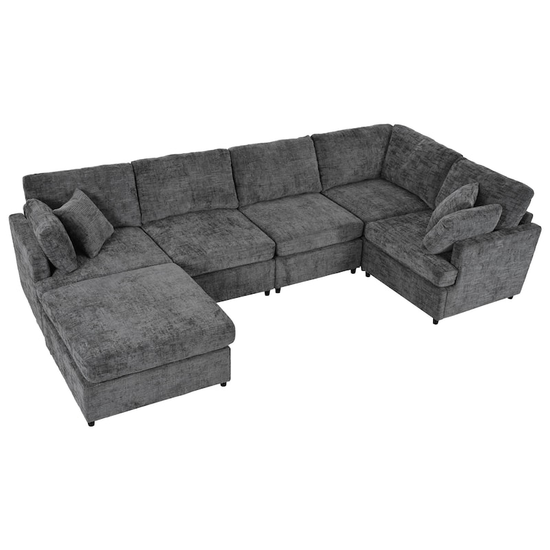 127 Inch U-Shaped Sectional Sofa with Movable Ottoman, 6-Piece Chenille Fabric Modular Couch with Pine Wood Frame