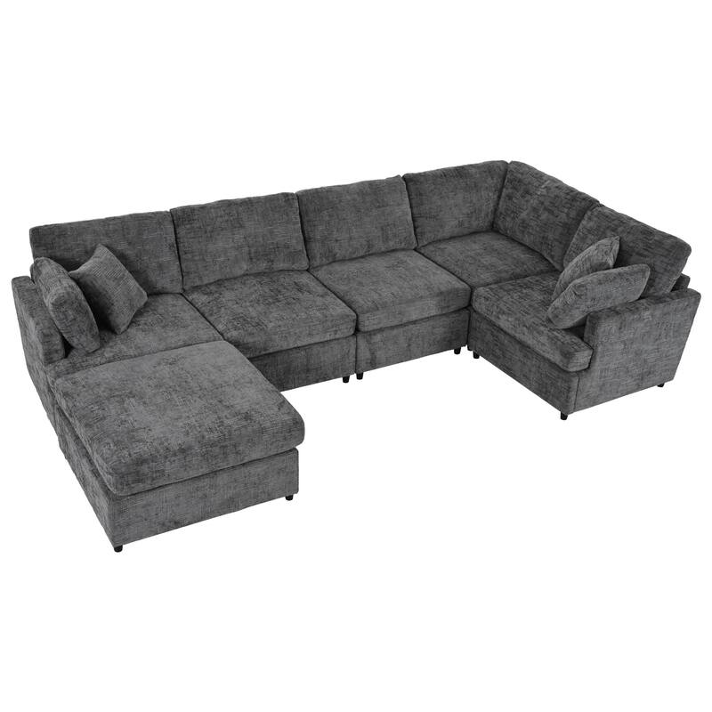 U-Shaped Modular Sectional Sofa with Movable Ottoman, Convertible Deep Seat Corner Couch, Oversized Chenille Fabric 6-Seat Sofa
