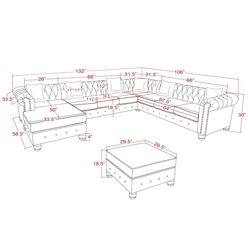 Chesterfield Sectional Sofa with Ottoman and 6 Pillows U-Shape Linen Fabric Sofa with Chaise and Rubberwood Legs for Living Room