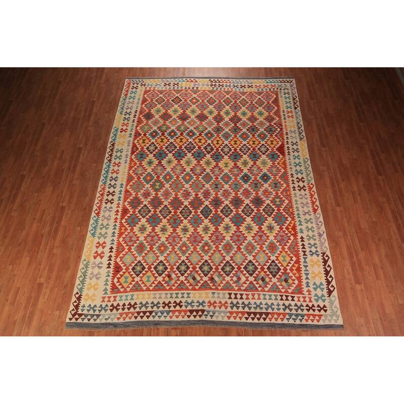 South Western Kilim Oriental Area Rug Flatweave Wool Carpet - 9'7" x 13'3"