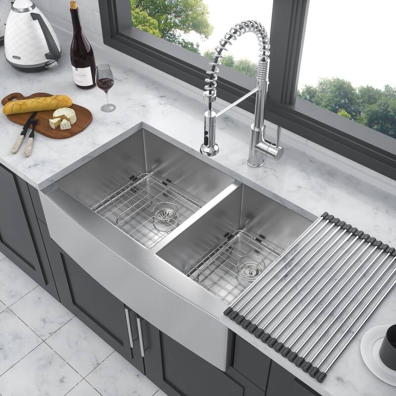Farmhouse 16 Gauge Double Bowl Stainless Steel Kitchen Sink in Brushed Nickel
