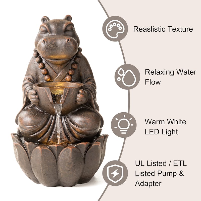 Glitzhome 21.75"H 2-Tiered Lighted Zen Style Frog Elephant Hippo Polyresin Outdoor Fountains