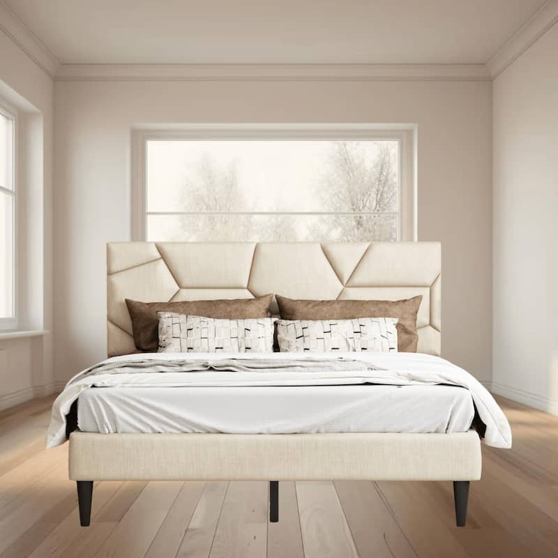 Full and Queen Size Platform Bed Frame with Storage Headboard, Metal Slats Support, Noise-Free Design, No Box Spring Needed - Beige - Queen
