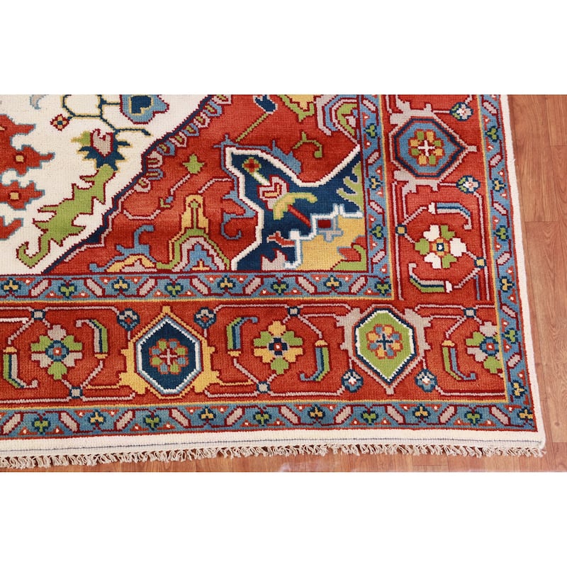Ivory & Orange Medallion Heriz Serapi Indian Area Rug 9x12 - 9' x 12'