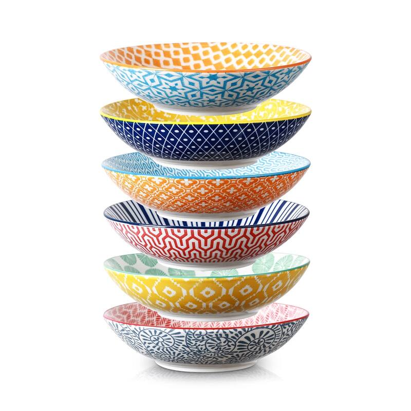 Porcelain 40oz Large Bowls 9 inch Big Pasta Salad Bowls, Microwave and Oven Safe,Set of 6 - Multi-Color