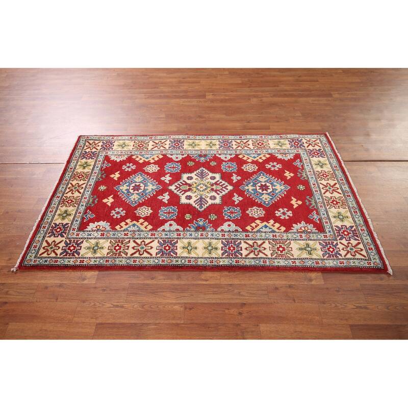Red Geometric Kazak Oriental Foyer Rug Hand-Knotted Wool Carpet - 3'4" x 5'6"