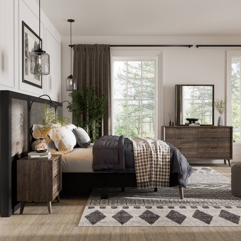 Furniture of America Orelo Modern 5-Piece Dark Brown Extended Wall Panel Bedroom Set with Reading Lights - Dark Brown