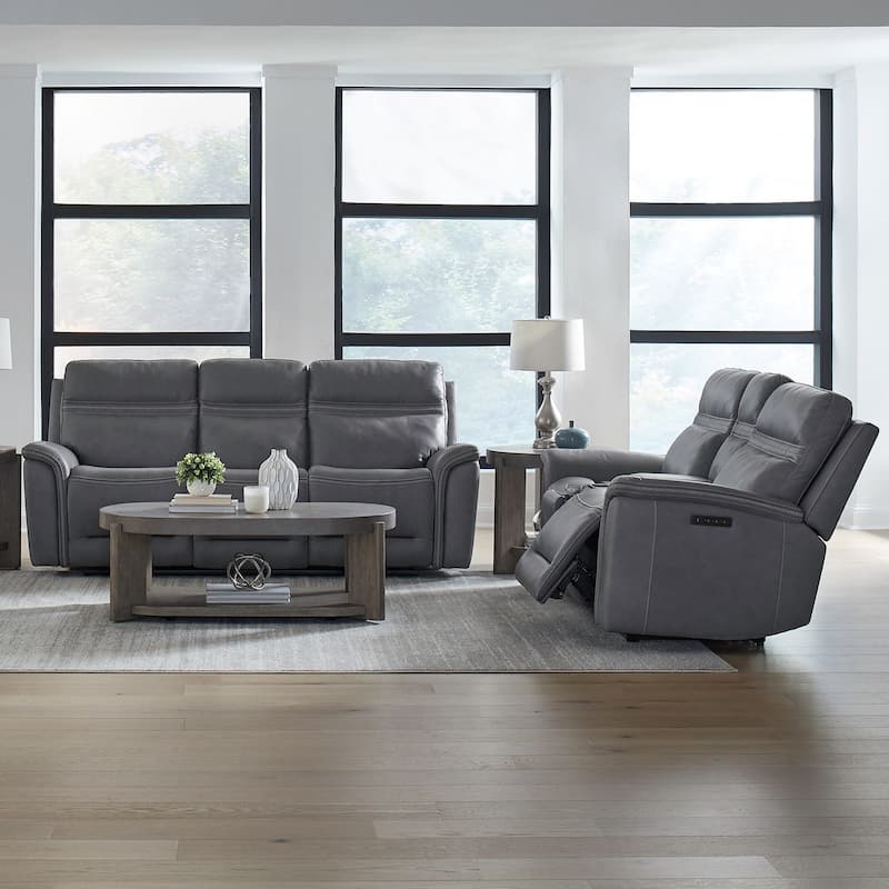 Liberty Furniture Cooper Living Room Power Leather Sets - Sofa, Recliner, Loveseat - Sofa, Love Seat Blue Gray Leather