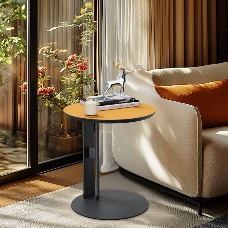 Modern Round End Table with Microfiber Saddle Leather Top and Metal Sandblasting Pedestal