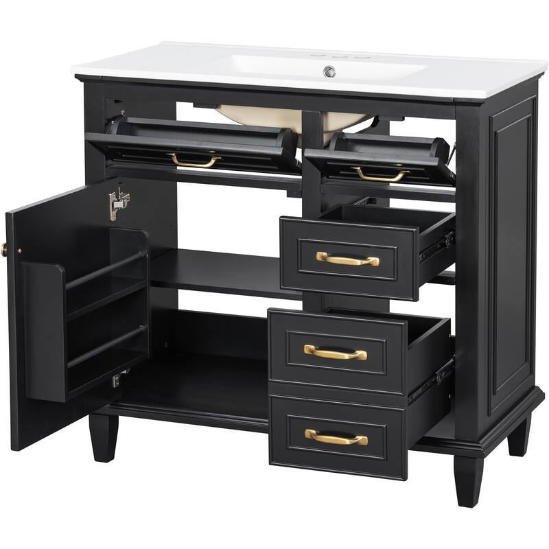 Roomfitters 36" Bathroom Vanity with Sink, Solid Wood Frame, 2 Flip Drawers & Soft-Close Cabinet with Door Rack